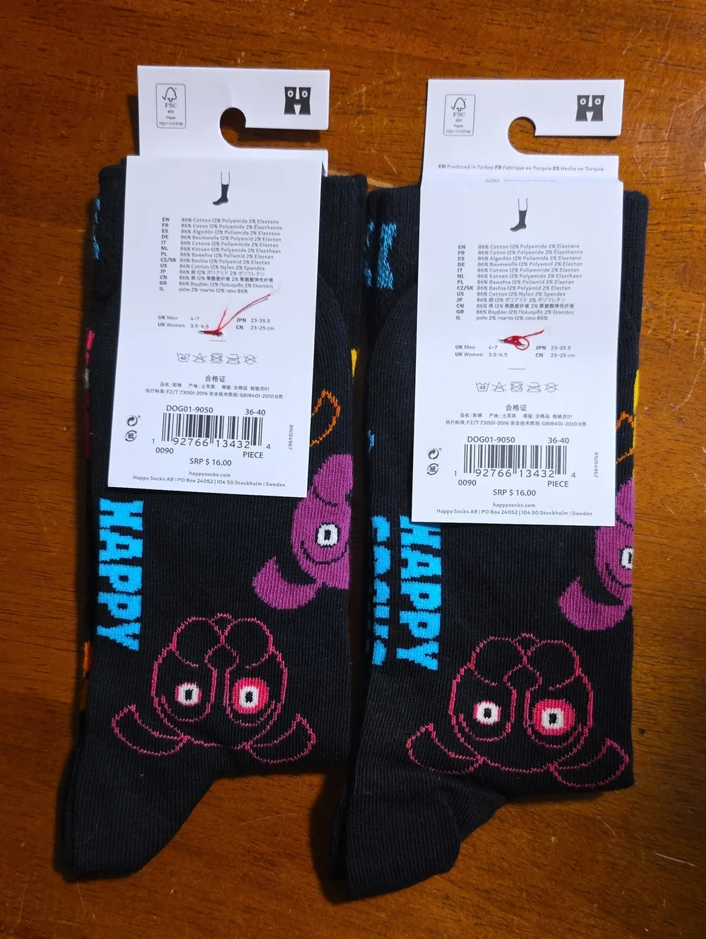 Happy Socks Black Crew Socks with Multicolor Dog Faces 2 Pair